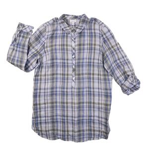 J.Jill Love Linen Blue White Plaid Long Sleeve Roll Tab Tunic Shirt Women's Med